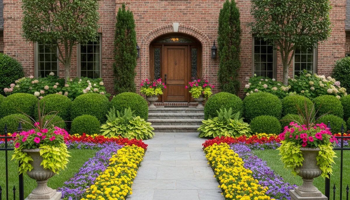 Front yard landscape design with colorful shrubs and flowers by professional landscapers in Lancaster, PA