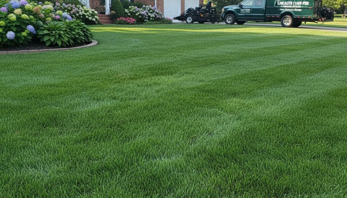 Lush green residential lawn after professional lawn care by Chop Chop Landscaping in Lancaster, PA