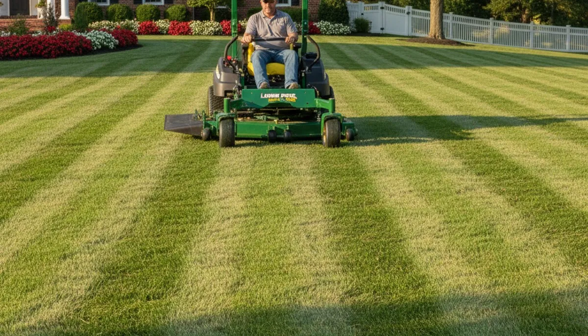 Expert lawn mowing with striped finish and clean edging in Lancaster, PA by Chop Chop Landscaping