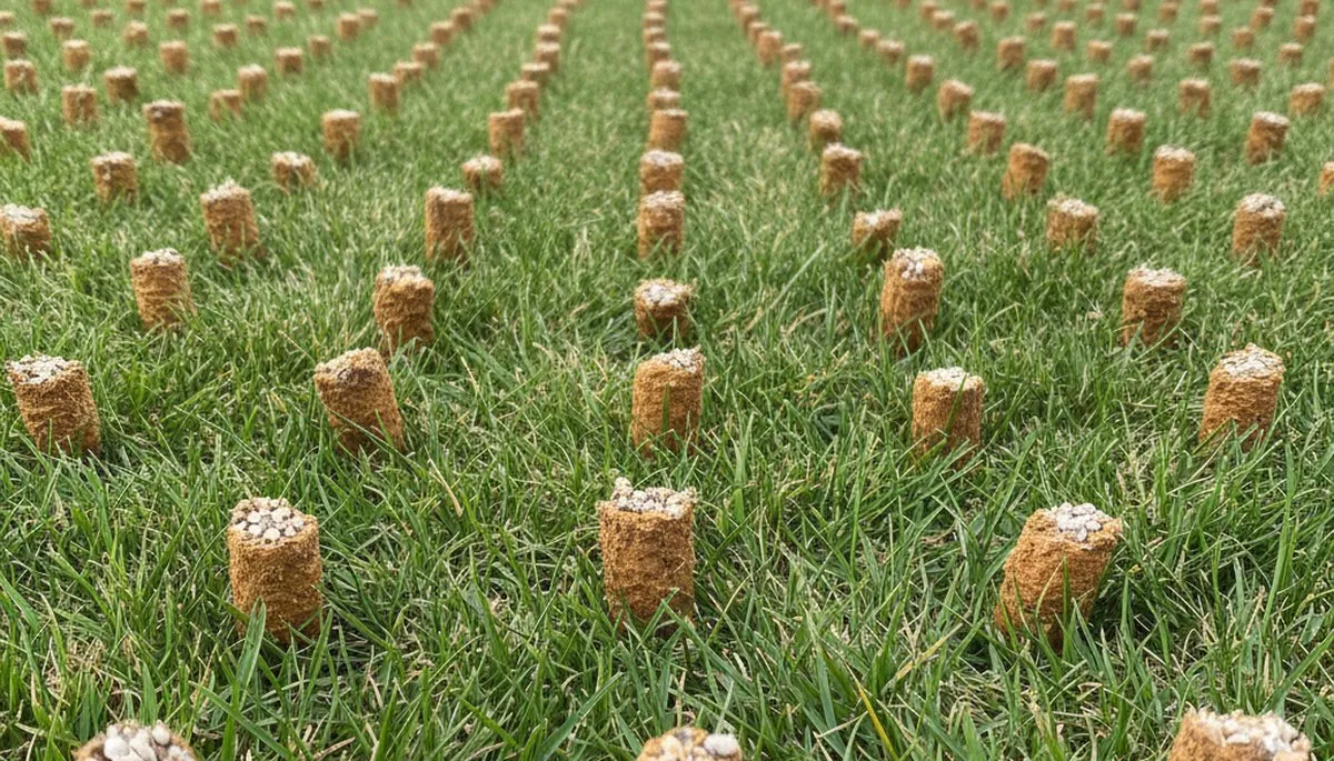 Close-up of aeration soil cores on Lancaster PA lawn showing turf health and treatment depth by landscapers