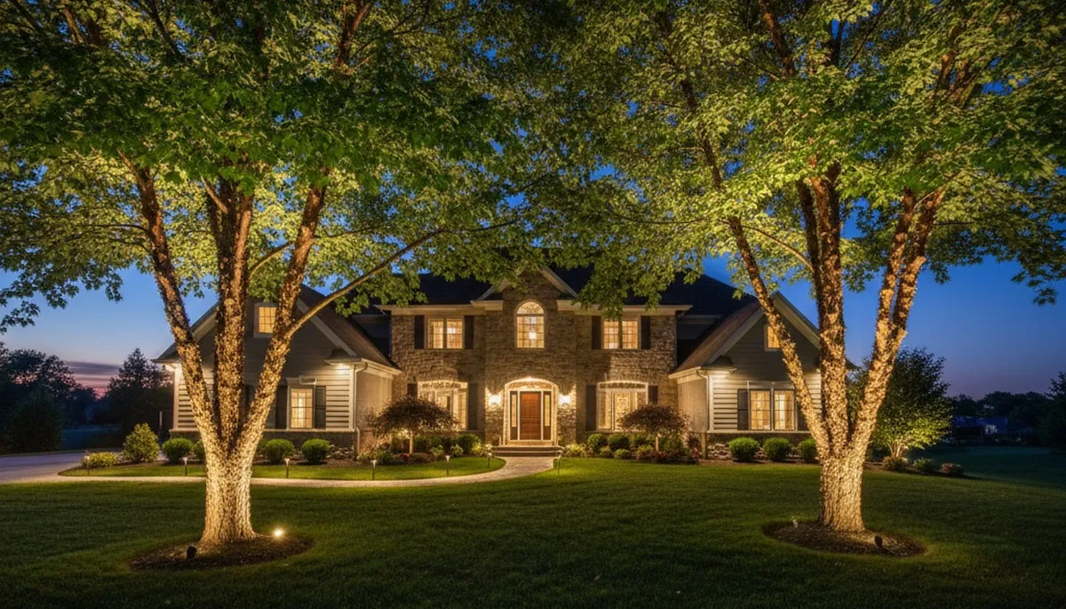 Uplit trees with dramatic shadows showcasing professional landscape lighting in Lancaster, PA